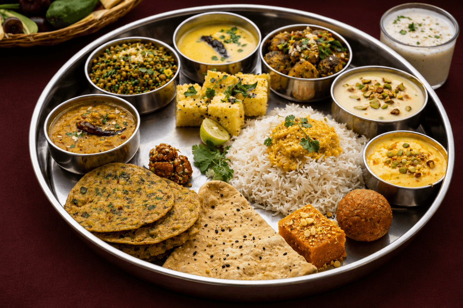 A traditional Gujarati thali spread with dal, kadhi, sabzi, rice, roti and a sweet