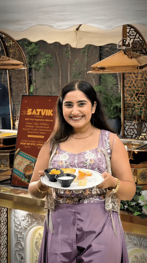 A vegetarian Indian wedding catering spread styled for a large celebration